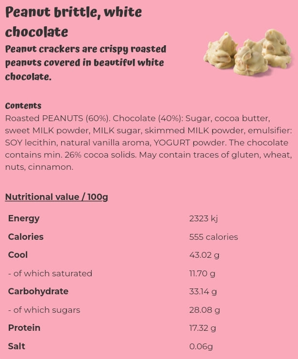 Peanut brittle, white chocolate - per. 100 grams