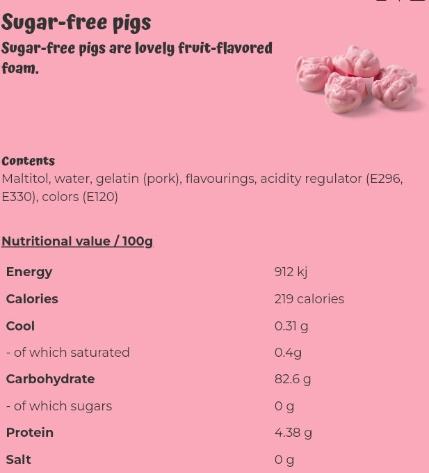 Sugar-free pigs - per. 100 grams