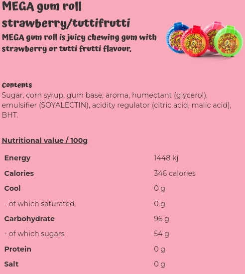 MEGA gum roll strawberry/tuttifrutti - per package