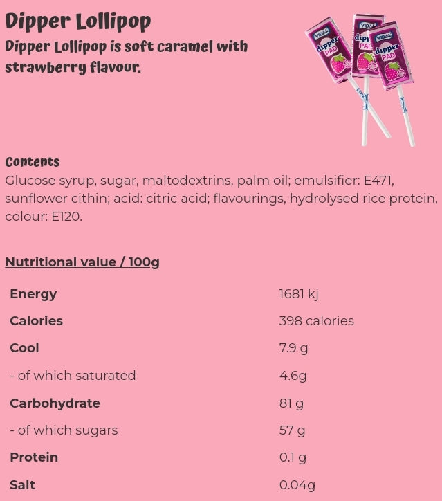 Dipper Lollipop is soft caramel with strawberry flavour - per. PCS