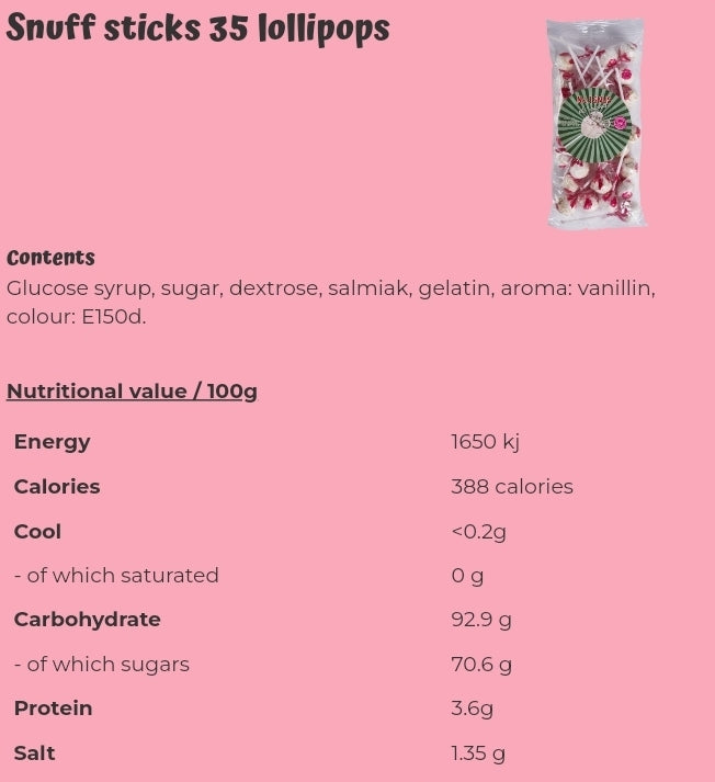 Snuff sticks 35 lollipops - per. bag