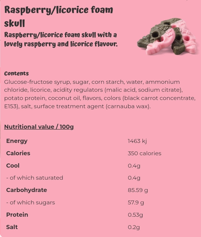 Raspberry/licorice foam skull  - per. 100 grams
