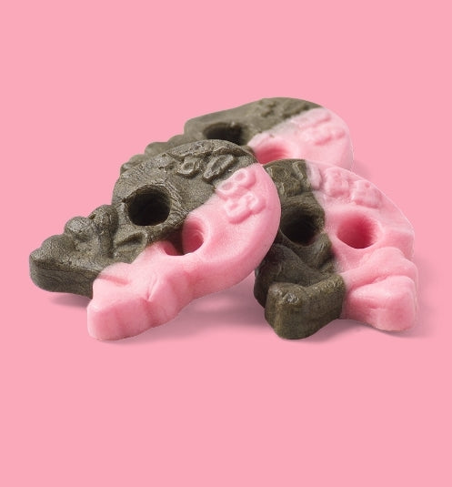 Raspberry/licorice foam skull  - per. 100 grams